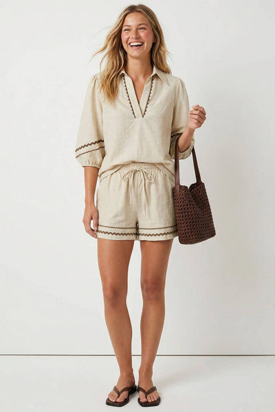 Contrast Trim Linen Shorts 9033