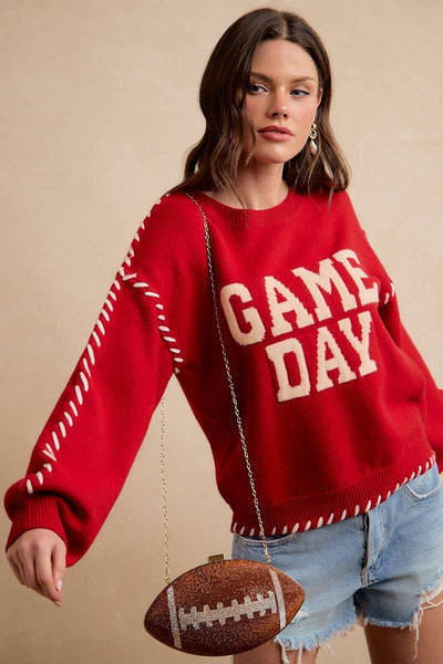 Gameday Contrast Stitch Long Sleeves Knit Top 5396