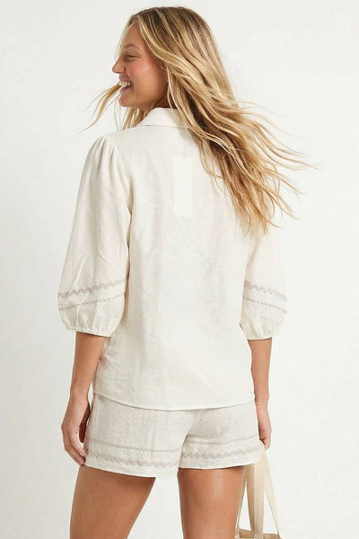 Contrast Trim Puff Sleeve Linen Blouse 9032