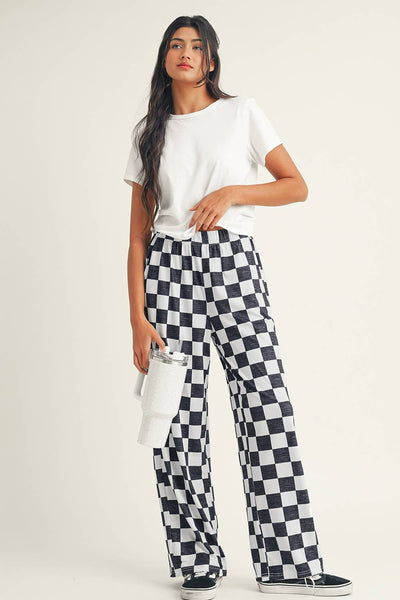 2-Tone Checkered Print High Waist Wide Leg Pants 010