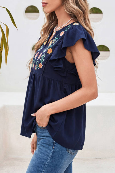 Ruffled Sleeve Floral Embroidered Blouse 1005