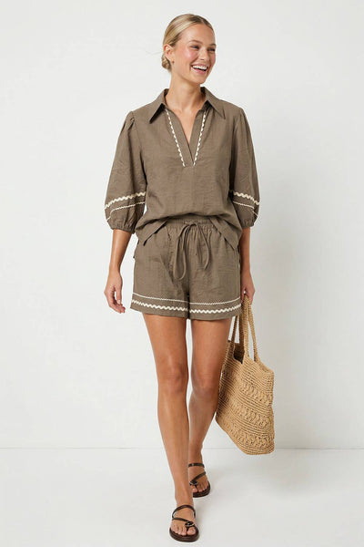 Contrast Trim Linen Shorts 9033