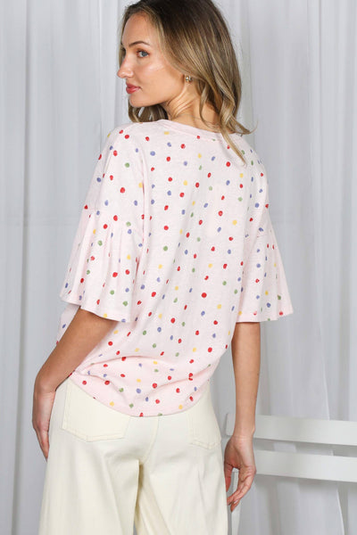 Colorful Polka Dot Short Ruffle Sleeve Knit Top 2765