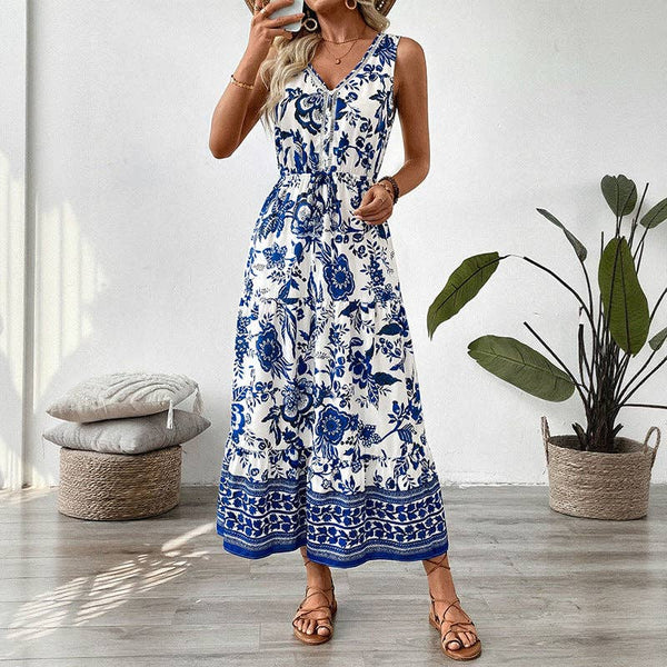 Blue Floral V Neck Sleeveless Maxi Dress 204