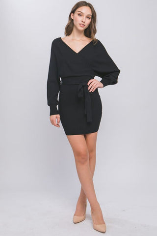 Off Shoulder Wrap Belted Ribbed Knit Dress 025