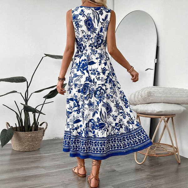 Blue Floral V Neck Sleeveless Maxi Dress 204