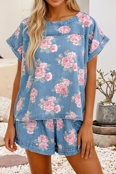 Cuffed Retro Floral Top Loose Shorts 2pcs Denim Set 1670