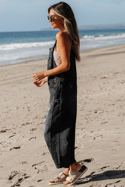Distressed Bib Pocket Wide Leg Denim Overall 1404B