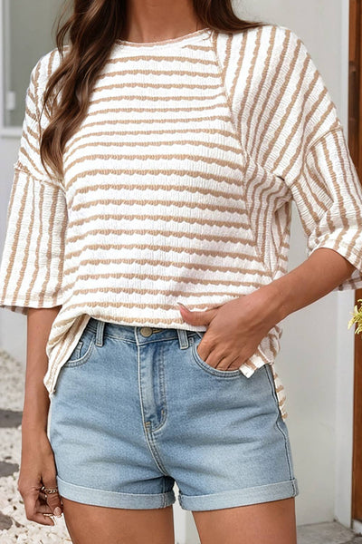 Striped Textured Knit Half Sleeve Top 419