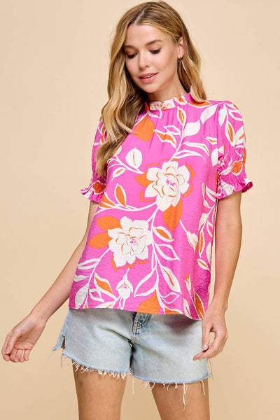 Floral Printed Top with Ruffled Neck LA78