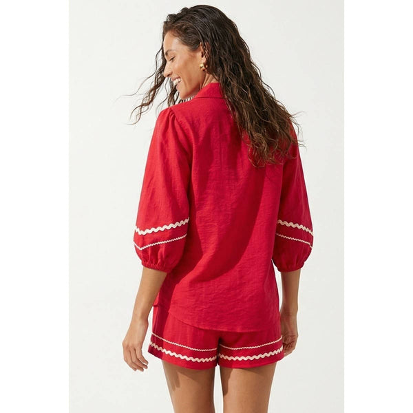 Contrast Trim Puff Sleeve Linen Blouse 9032