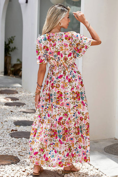 Floral Short Sleeve V Neck High Waist Maxi Dress 0320
