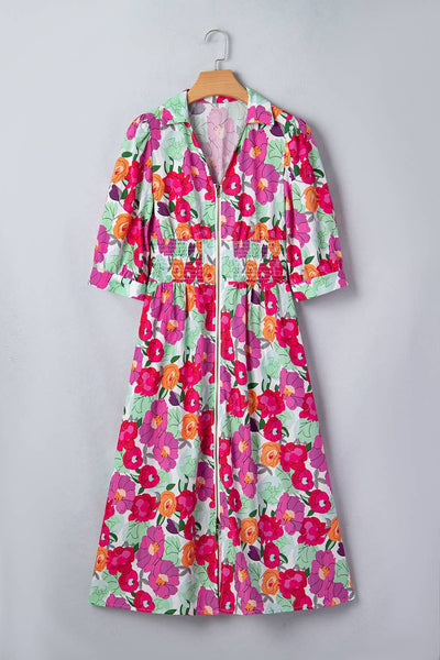 Floral Print V Neck Zip Up Puffy Half Sleeve Dress 7959
