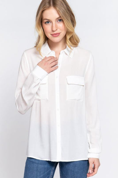 Long Sleeve Front Pocket Woven Shirt 396