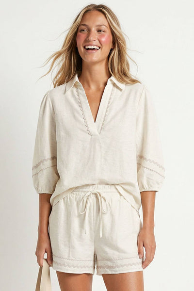 Contrast Trim Puff Sleeve Linen Blouse 9032