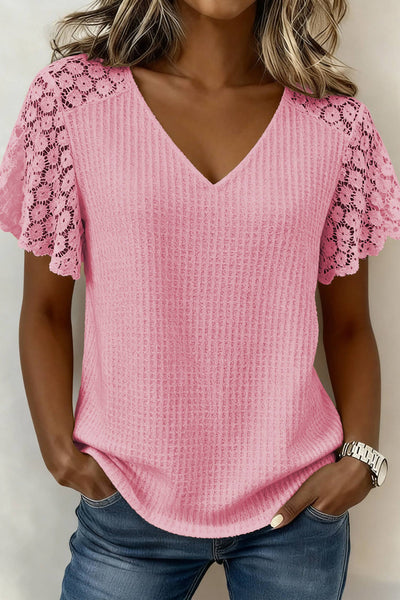V Neck Textured Knit Floral Lace Short Sleeve Top 1409