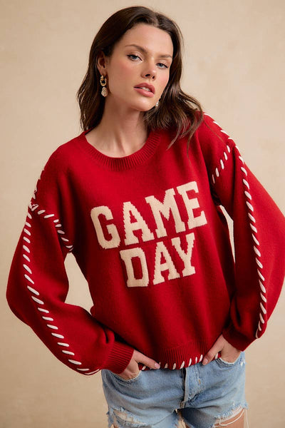 Gameday Contrast Stitch Long Sleeves Knit Top 5396