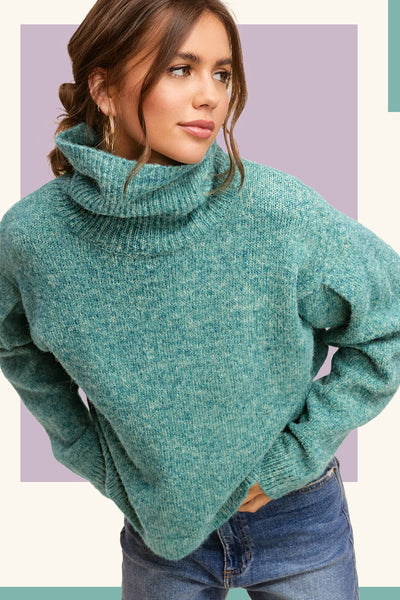 3567-Loose Fit Turtleneck Pin-tuck Long Sleeve Sweater