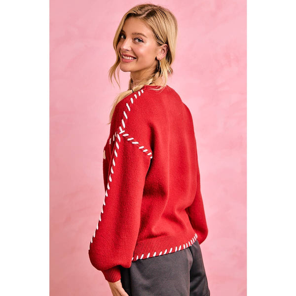 Gameday Contrast Stitch Long Sleeves Knit Top 5396
