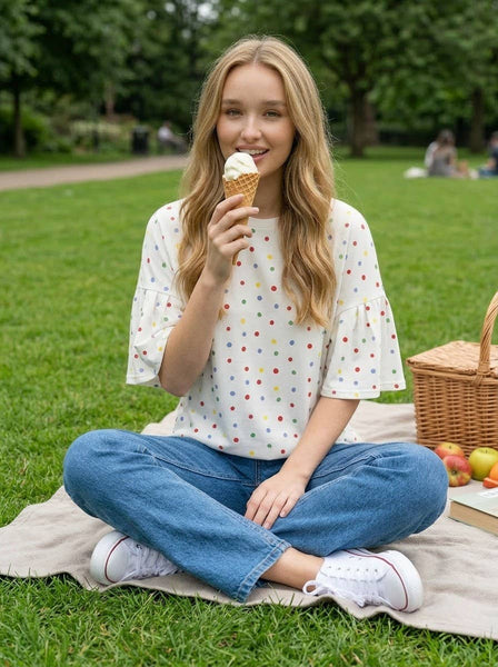 Colorful Polka Dot Short Ruffle Sleeve Knit Top 2765