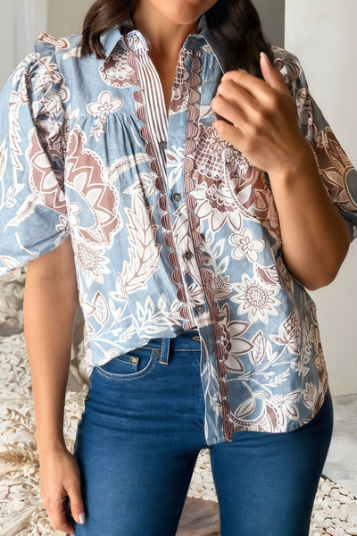 LDC Boho Floral Print Scalloped Trim Button Down Shirt
