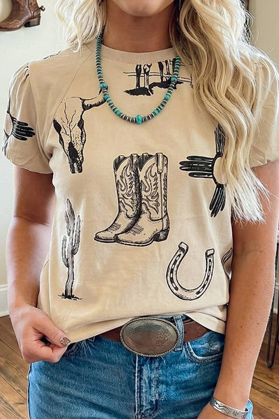 Western Print Round Neck Top 1906