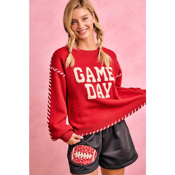 Gameday Contrast Stitch Long Sleeves Knit Top 5396