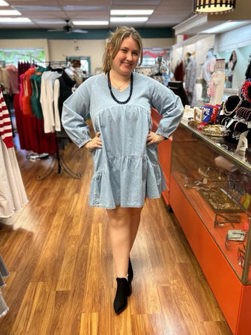 Puff Sleeve V Neck Tiered Ruffled Chambray Mini Dress 682