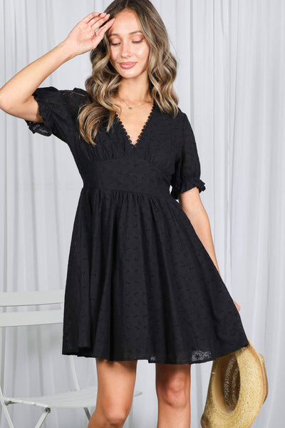 Floral Eyelet Lace 100%Cotton V-Neck Mini Dress 2901