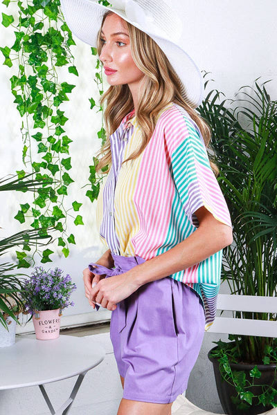Collared Neck Short-Sleeve Multi-Striped Shirt Top 1625