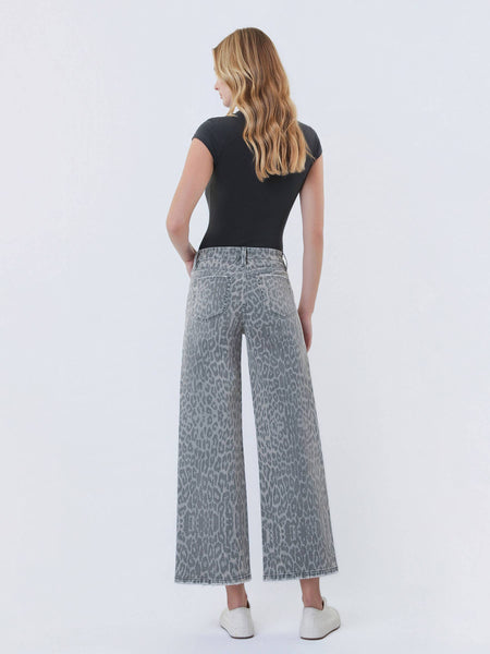 HIGH RISE GREY LEOPARD PRINT CROP WIDE LEG JEANS 331