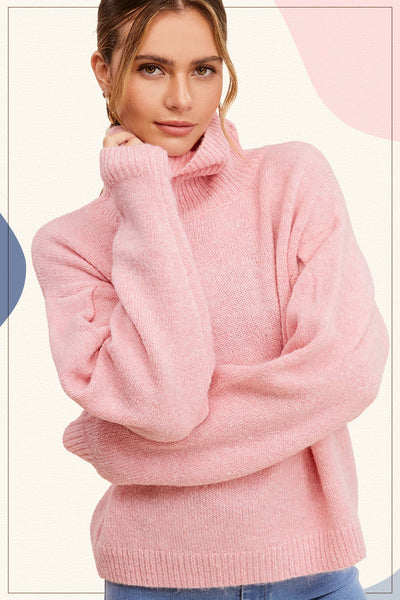 3567-Loose Fit Turtleneck Pin-tuck Long Sleeve Sweater