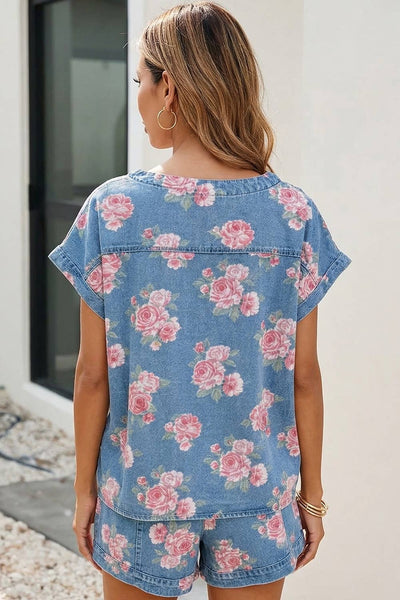 Cuffed Retro Floral Top Loose Shorts 2pcs Denim Set 1670