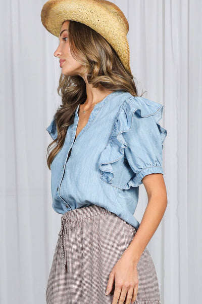 V-Neck Ruffle Denim Shirt 3222