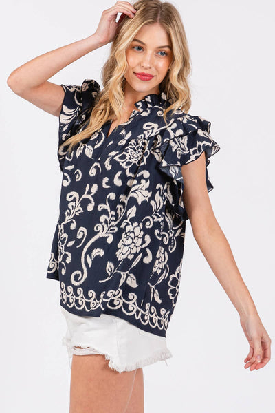 Solid Floral Ruffled V-neck Blouse 3343