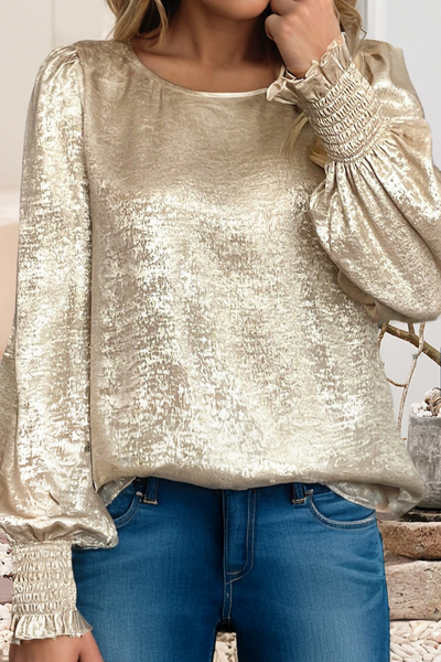Metallic Round Neck Smocked Long Sleeve Blouse 954