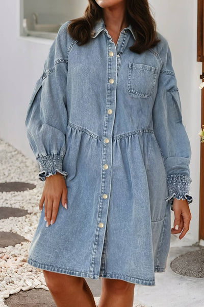 Smocked Cuffs Flared Denim Shirt Mini Dress 804