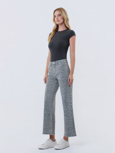 HIGH RISE GREY LEOPARD PRINT CROP WIDE LEG JEANS 331