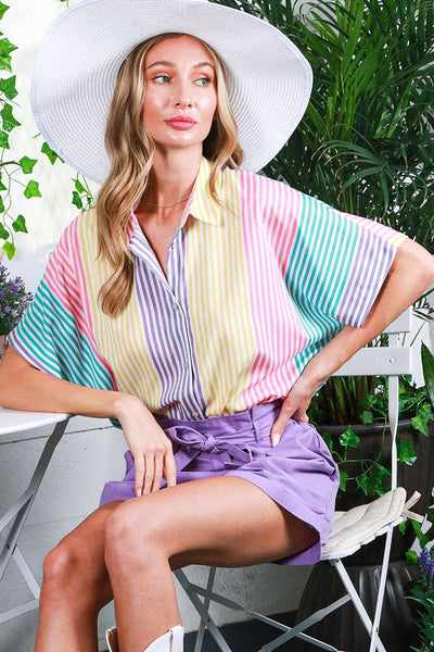 Collared Neck Short-Sleeve Multi-Striped Shirt Top 1625