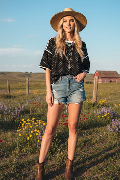 Polka Dot Contrast Trim Top 2276