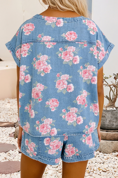 Cuffed Retro Floral Top Loose Shorts 2pcs Denim Set 1670