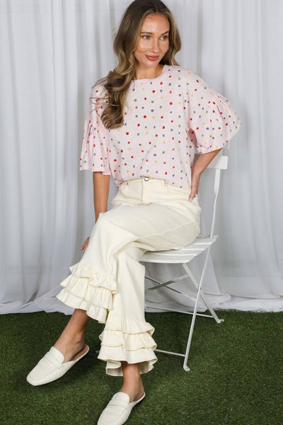 Colorful Polka Dot Short Ruffle Sleeve Knit Top 2765