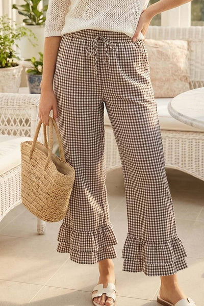 Gingham Casual Ruffled Hem Cropped Pants 3379A