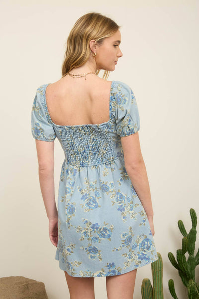 Floral Light Denim Puff Sleeve Mini Dress 1007