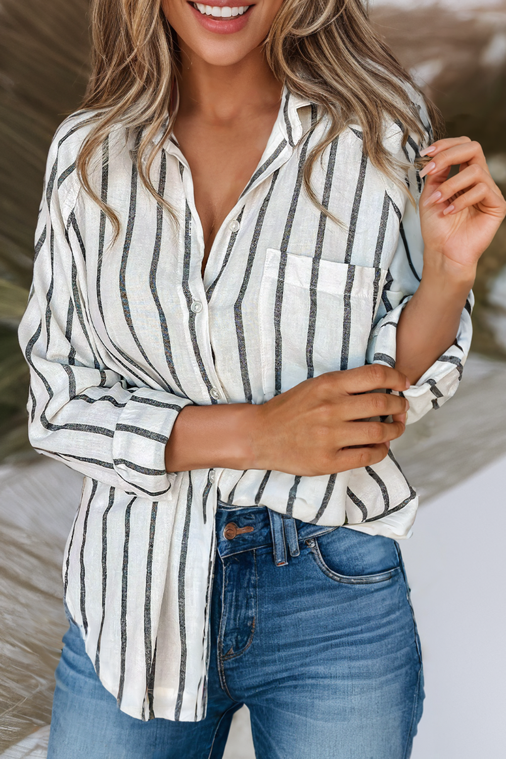 Collared Neck Button Down Stripe Blouse 4974