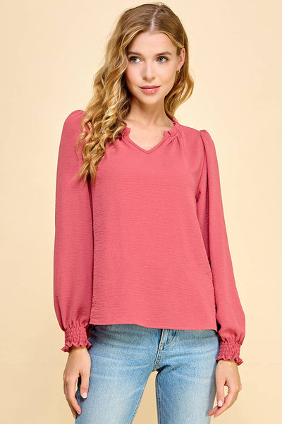 Solid Top with Ruffled V Neck Detail 1495