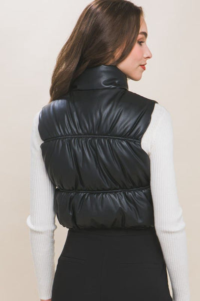 PU Faux Leather Puffer Vest With Pockets 095