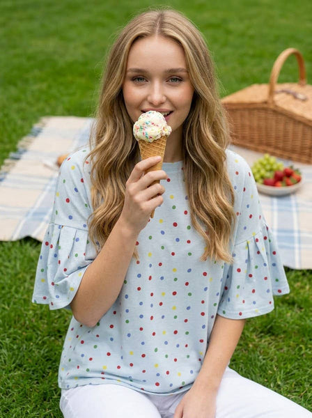 Colorful Polka Dot Short Ruffle Sleeve Knit Top 2765