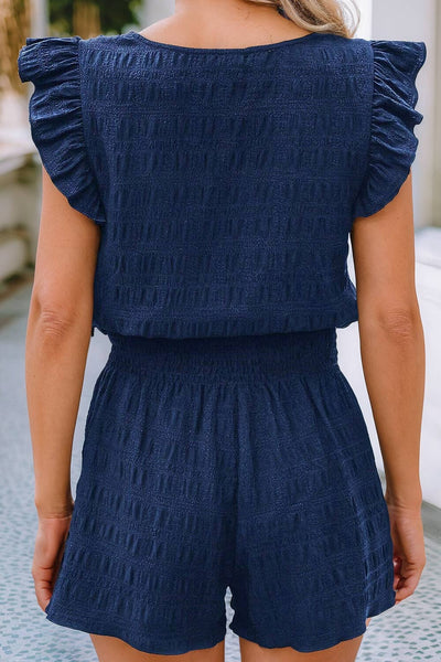 Textured Square Neck Top and Shirred Shorts Set 1005