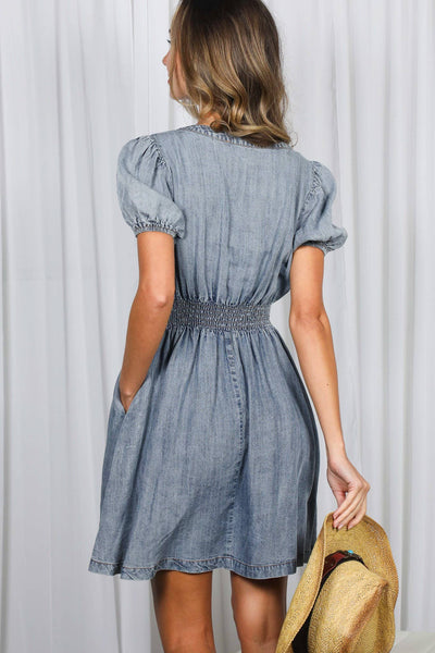 V-Neck Puff Sleeve Chambray Denim Dress 3224